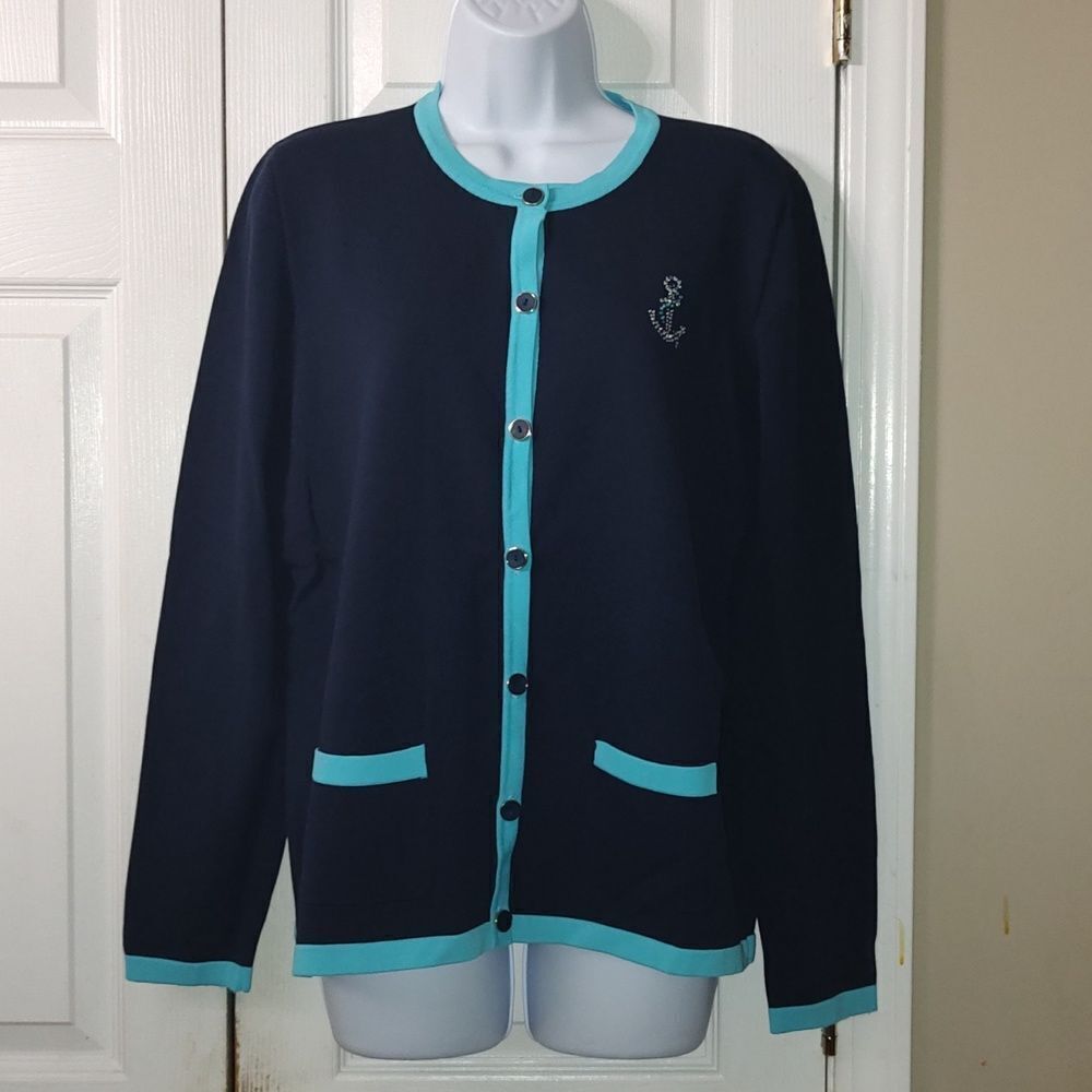 Alfred Dunner 2 in 1 nautical anchor beach sweater cardigan Sz M - Picture 2 of 6
